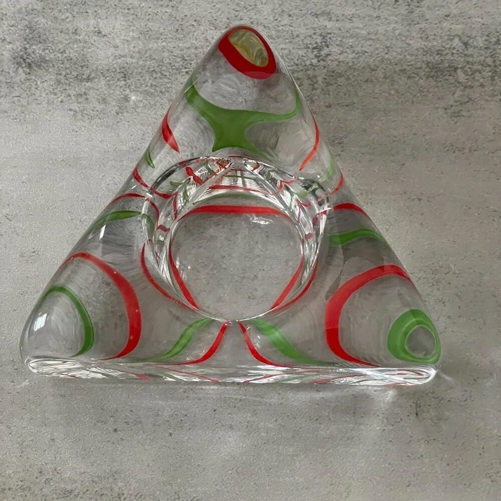 Kosta Boda VTG Piece of Cake Red Green Stripe Triangle Candleholder Signed
